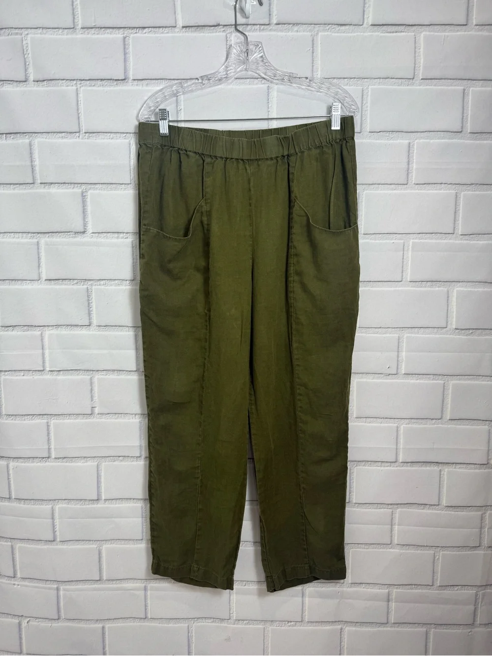 Quince Women’s Olive Green 100% Linen Pull-On Pants minimalist quiet luxury/L